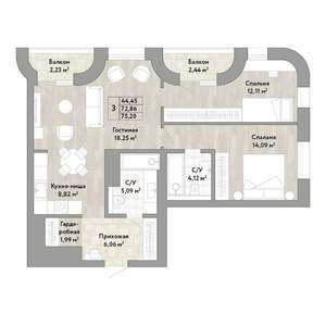 3-к квартира, строящийся дом, 73м2, 19/22 этаж