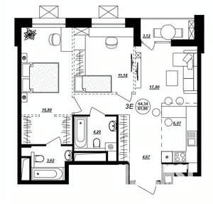 3-к квартира, строящийся дом, 66м2, 4/17 этаж