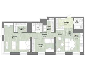 3-к квартира, строящийся дом, 95м2, 22/22 этаж