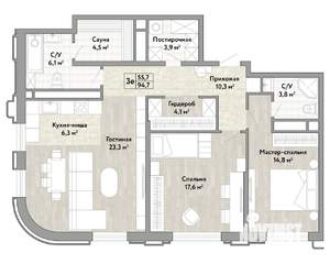 3-к квартира, строящийся дом, 95м2, 12/14 этаж