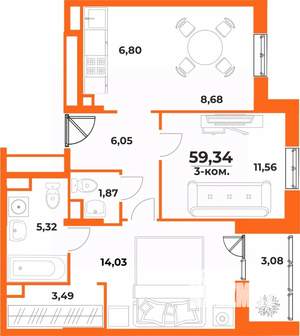 3-к квартира, вторичка, 59м2, 7/10 этаж