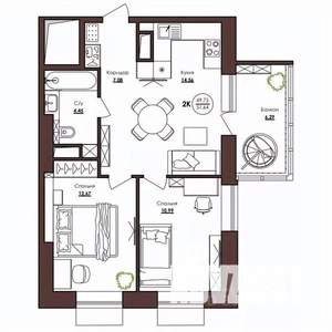 2-к квартира, вторичка, 52м2, 3/23 этаж