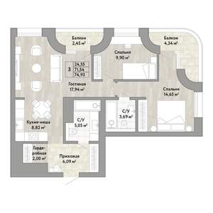 3-к квартира, строящийся дом, 72м2, 18/22 этаж