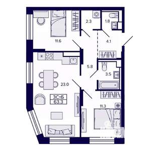 3-к квартира, строящийся дом, 63м2, 18/30 этаж