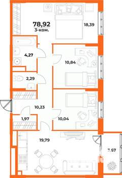 3-к квартира, вторичка, 79м2, 4/10 этаж