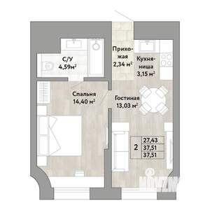 2-к квартира, вторичка, 38м2, 21/22 этаж