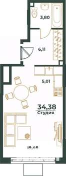 Студия квартира, вторичка, 34м2, 9/24 этаж
