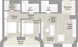 3-к квартира, вторичка, 72м2, 19/22 этаж