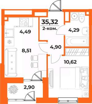 2-к квартира, вторичка, 35м2, 1/10 этаж