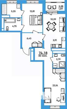 3-к квартира, вторичка, 74м2, 8/17 этаж