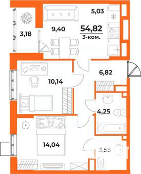 3-к квартира, вторичка, 55м2, 8/10 этаж