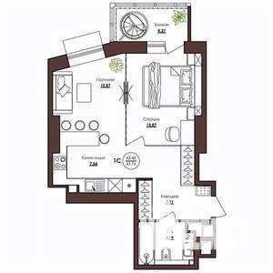 1-к квартира, строящийся дом, 44м2, 2/23 этаж
