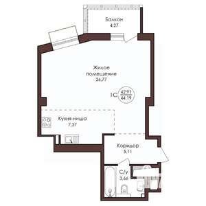 1-к квартира, вторичка, 44м2, 21/23 этаж