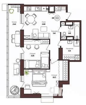 2-к квартира, вторичка, 70м2, 14/23 этаж