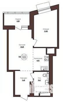 1-к квартира, строящийся дом, 43м2, 12/23 этаж