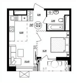 2-к квартира, строящийся дом, 34м2, 15/17 этаж