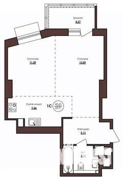 1-к квартира, строящийся дом, 44м2, 9/23 этаж