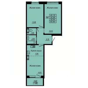 3-к квартира, строящийся дом, 59м2, 1/10 этаж