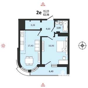2-к квартира, строящийся дом, 52м2, 23/25 этаж