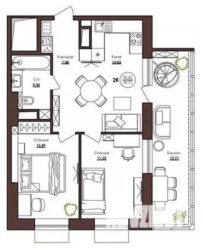 2-к квартира, вторичка, 55м2, 6/23 этаж