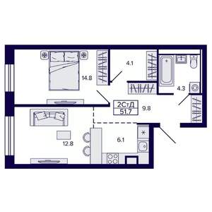 2-к квартира, строящийся дом, 52м2, 11/22 этаж
