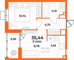 2-к квартира, вторичка, 35м2, 3/10 этаж