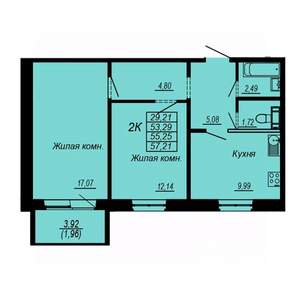 2-к квартира, вторичка, 55м2, 9/10 этаж