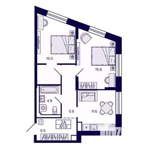 2-к квартира, строящийся дом, 61м2, 19/30 этаж