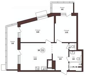 2-к квартира, строящийся дом, 62м2, 19/23 этаж