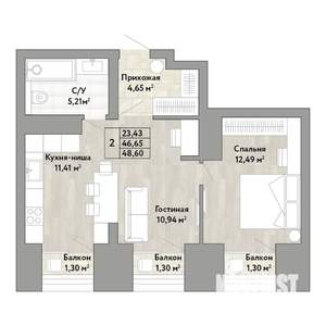 2-к квартира, строящийся дом, 47м2, 20/22 этаж