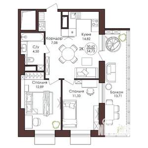 2-к квартира, вторичка, 55м2, 15/23 этаж