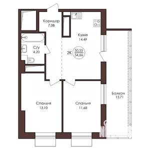 2-к квартира, вторичка, 55м2, 20/23 этаж