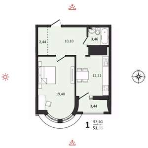 1-к квартира, строящийся дом, 51м2, 17/25 этаж
