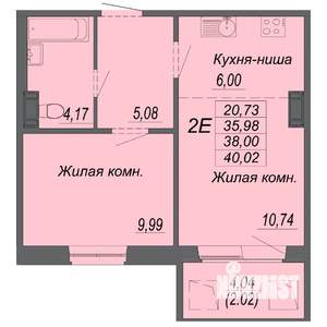 2-к квартира, строящийся дом, 38м2, 9/10 этаж