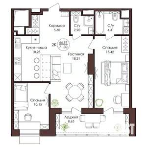 2-к квартира, вторичка, 71м2, 14/23 этаж