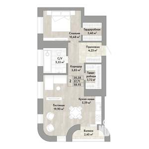 2-к квартира, строящийся дом, 58м2, 19/22 этаж