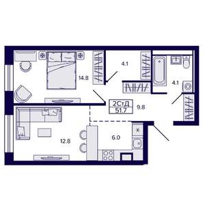 2-к квартира, строящийся дом, 52м2, 16/22 этаж