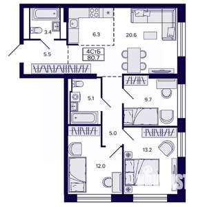4-к квартира, строящийся дом, 81м2, 16/22 этаж