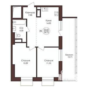 2-к квартира, вторичка, 55м2, 8/23 этаж