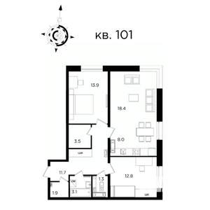 3-к квартира, строящийся дом, 74м2, 22/22 этаж