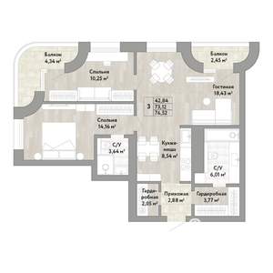 3-к квартира, вторичка, 73м2, 18/22 этаж