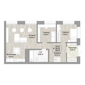 4-к квартира, вторичка, 86м2, 1/22 этаж