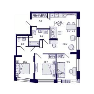 4-к квартира, строящийся дом, 80м2, 24/30 этаж
