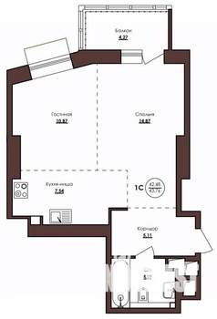 1-к квартира, строящийся дом, 44м2, 4/23 этаж
