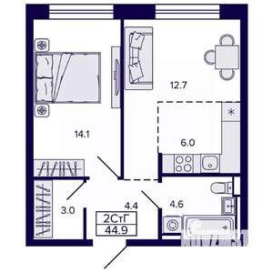 2-к квартира, строящийся дом, 45м2, 8/22 этаж