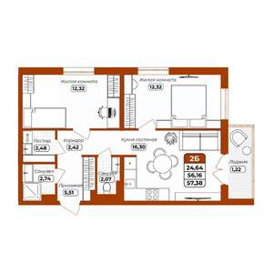 2-к квартира, вторичка, 57м2, 3/12 этаж