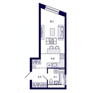Студия квартира, строящийся дом, 32м2, 19/30 этаж