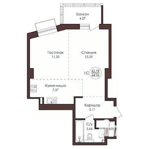 1-к квартира, вторичка, 44м2, 19/23 этаж