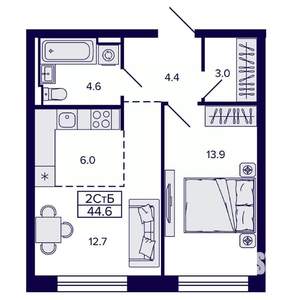 2-к квартира, строящийся дом, 45м2, 16/22 этаж