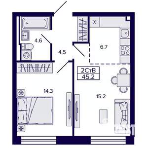 2-к квартира, строящийся дом, 45м2, 19/22 этаж